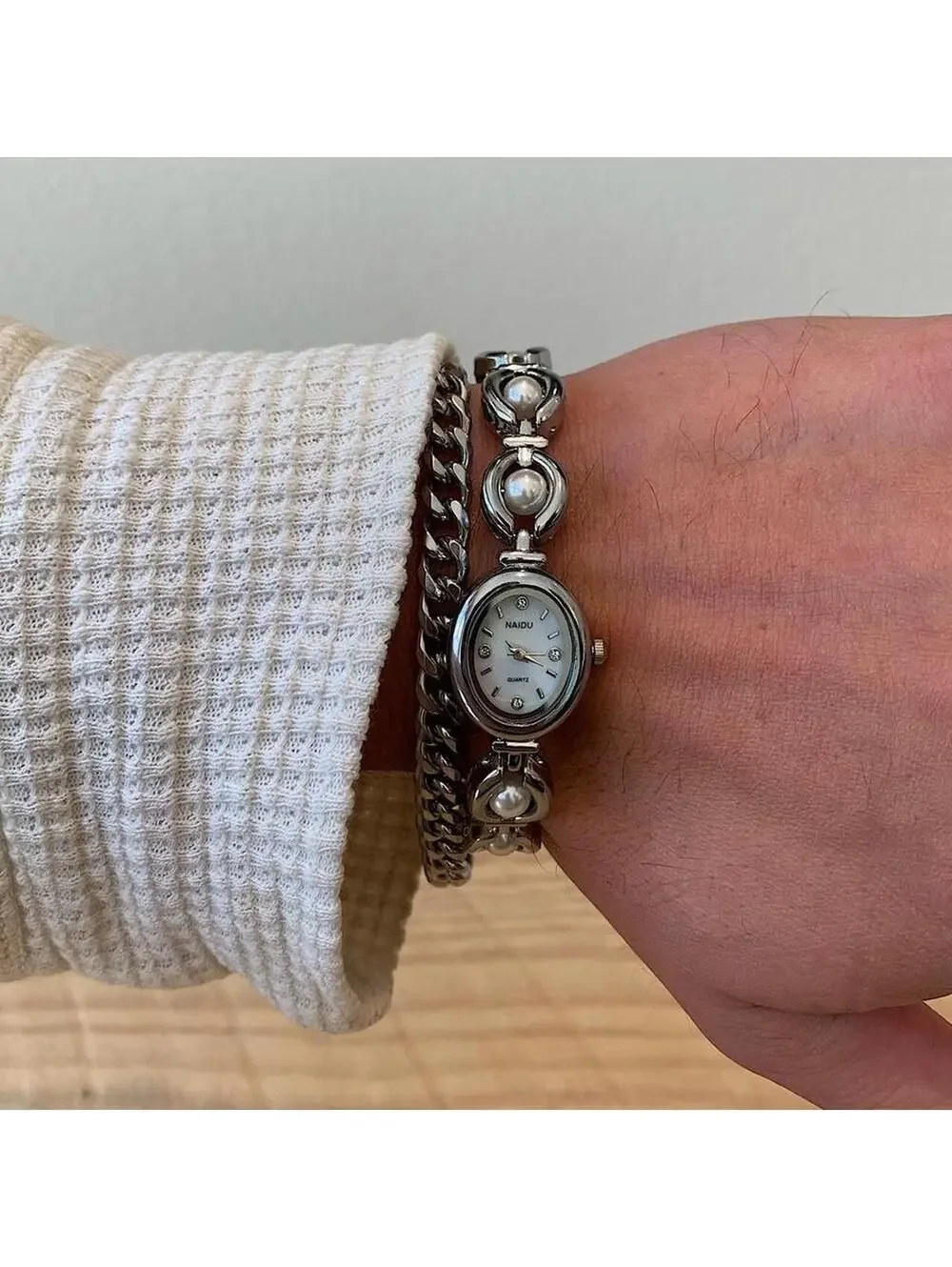 Silver round stainless steel quartz pearl stone watch